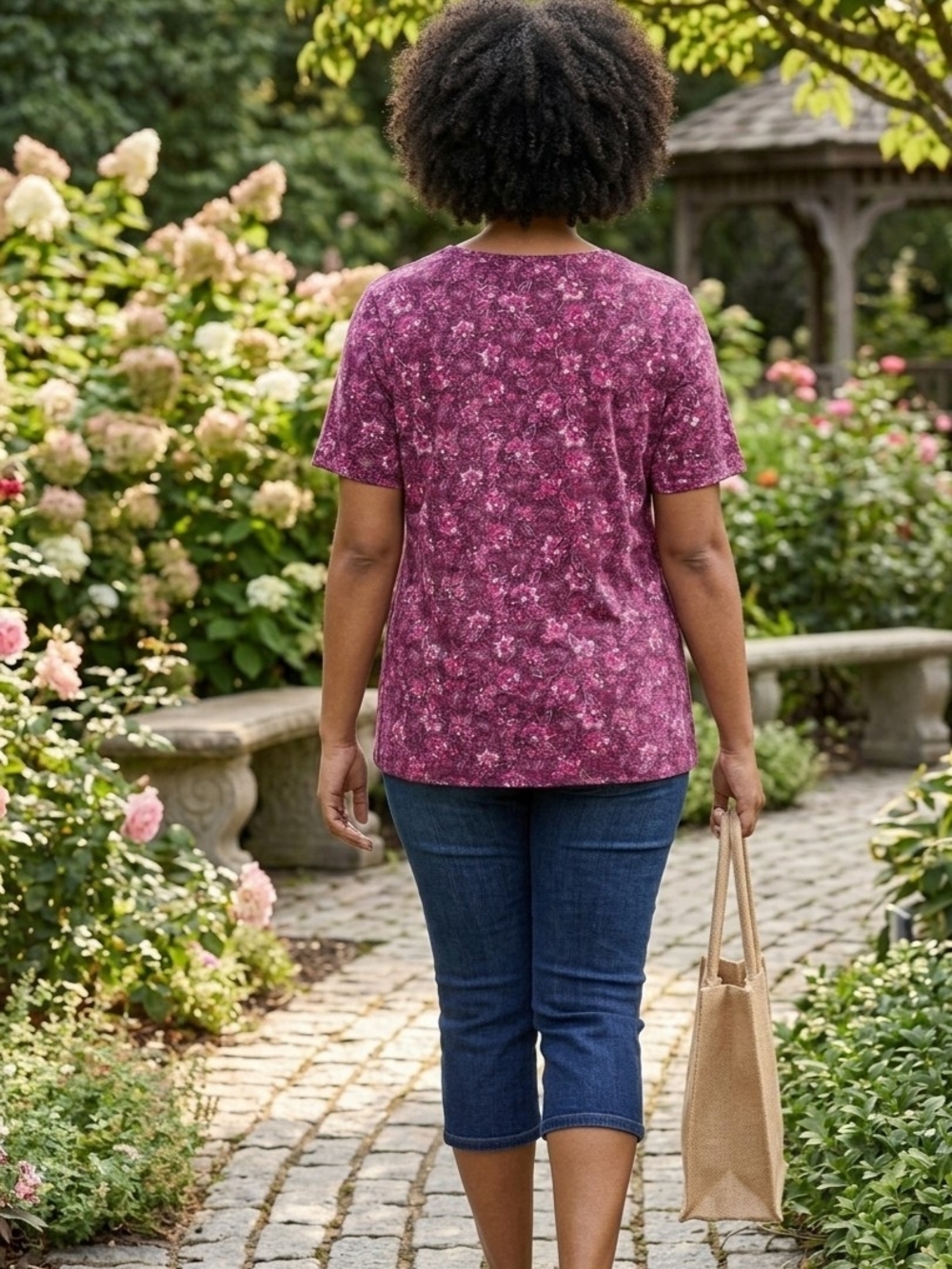 croft & barrow Burgundy and Pink Floral Short Sleeve Tee - Picture 2 of 10
